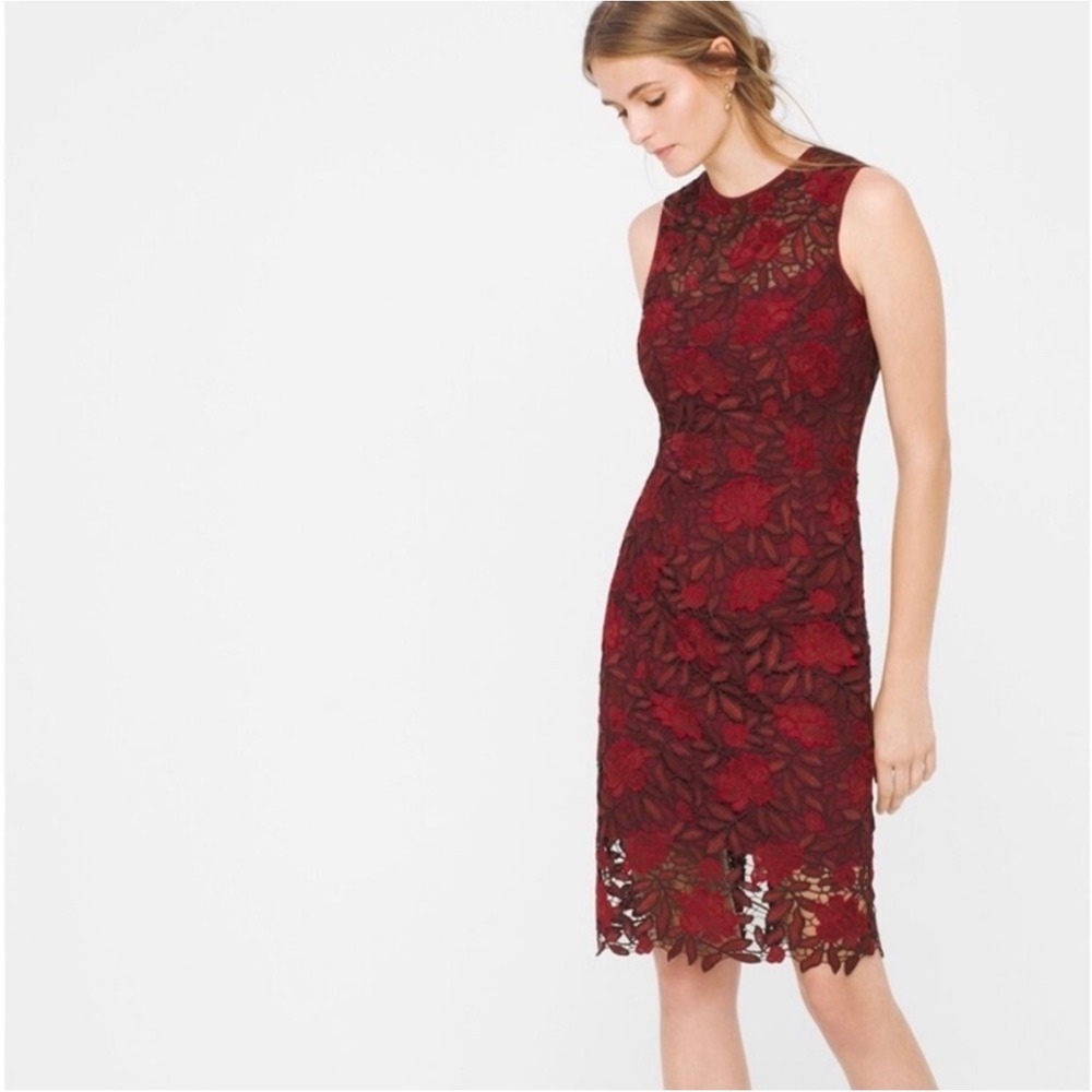 White House Black Market Burgundy Lace Floral Sheath‎ Dress Size 2